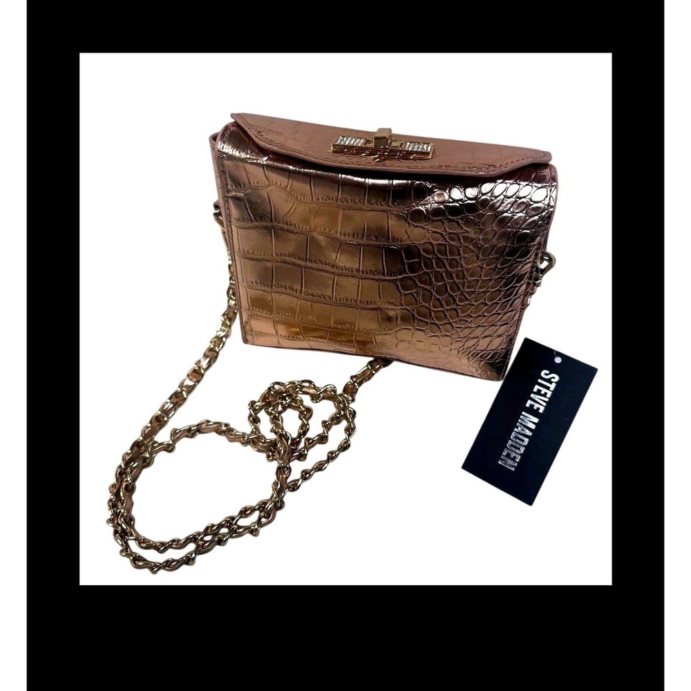 Steve Madden Beliza Rose Gold Metallic Croc Top Lock Crossbody Bag Rhinestone